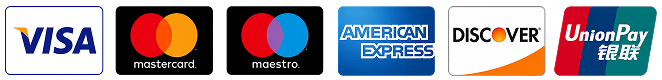 Credit card logos: Visa, Mastercard, Amex, Discover.