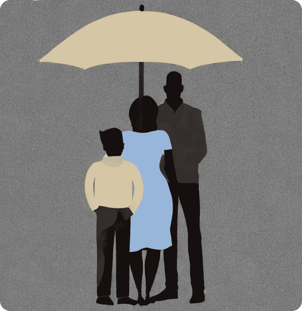 Silhouetted family standing under an umbrella.