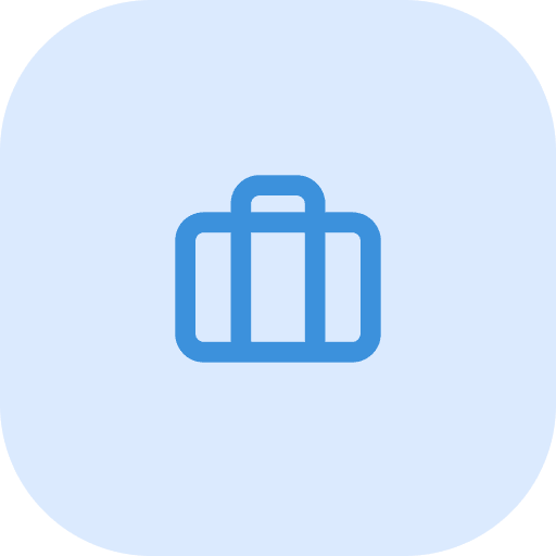 Blue suitcase icon on light blue background.
